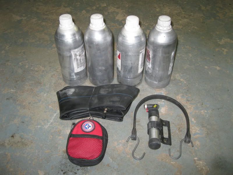 Saddle Bag contents. Bottles contain extra fuel