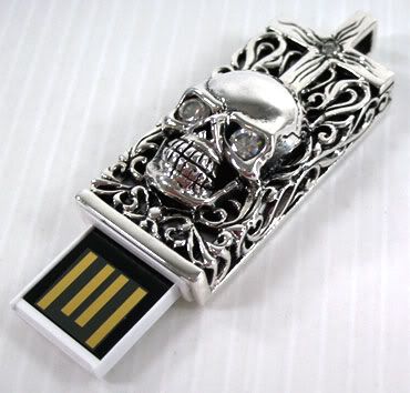 skull flash drive MADE OF SOLID STERLING SILVER DIAMOND CLEAR STONES