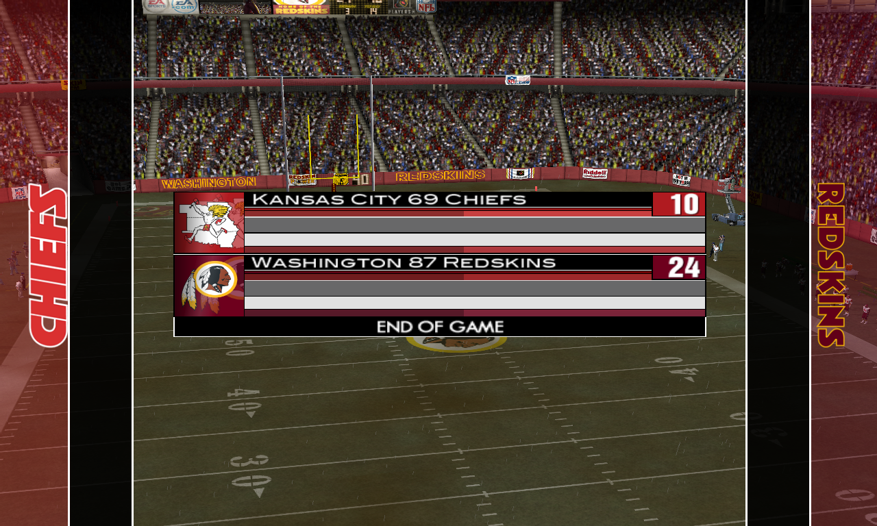 Code: Select all: Madden NFL 2004 PC v4.1.0.0 Game Log - 69 Chiefs at 87 Redskins Game Time: Sat Mar 16 23:51:53 2013. Skill Level: All Pro